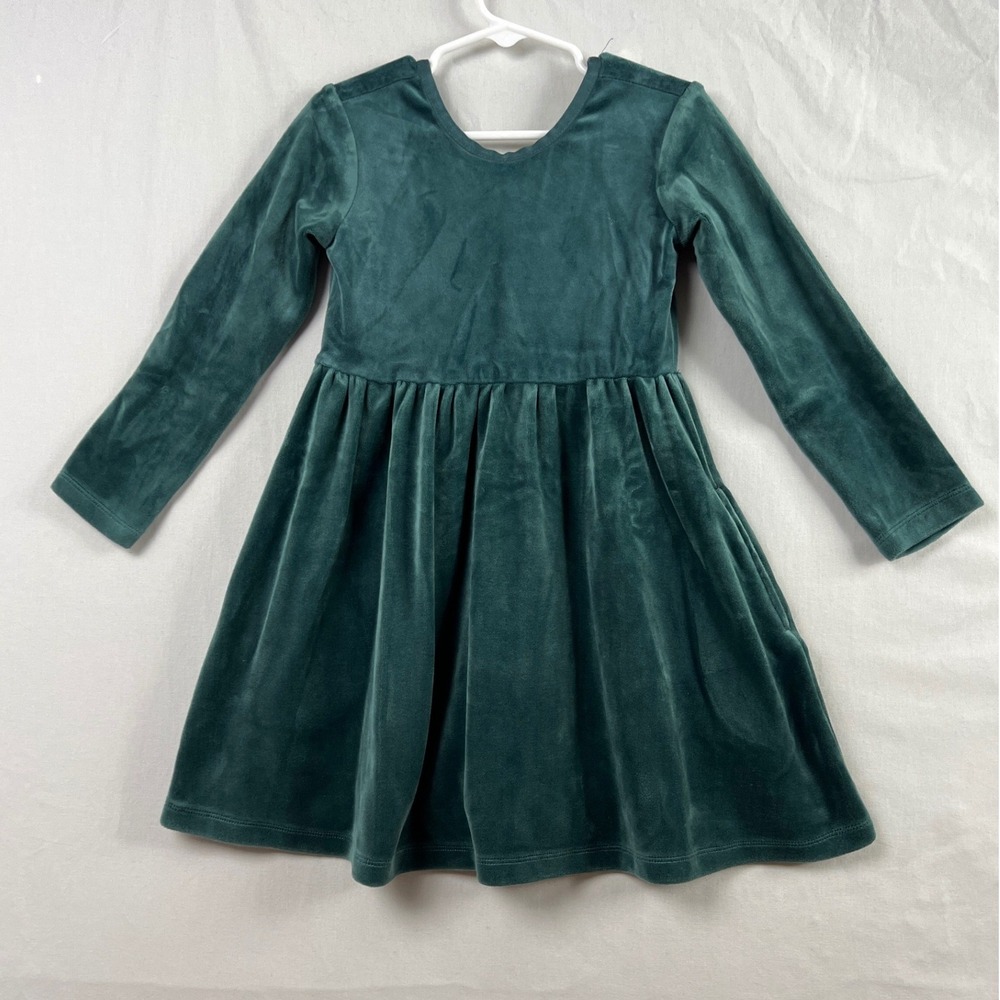 Hanna Andersson Velour Dress Kids Size 4 Holiday Green Long Sleeve Fit Flare